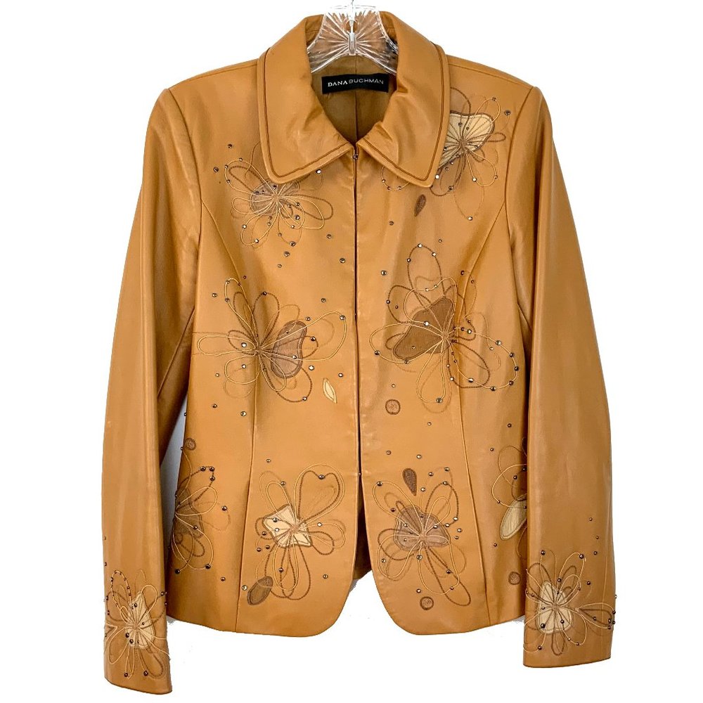 Dana Buchman Genuine Leather Embroidered Boho Camel Jacket Sz 4